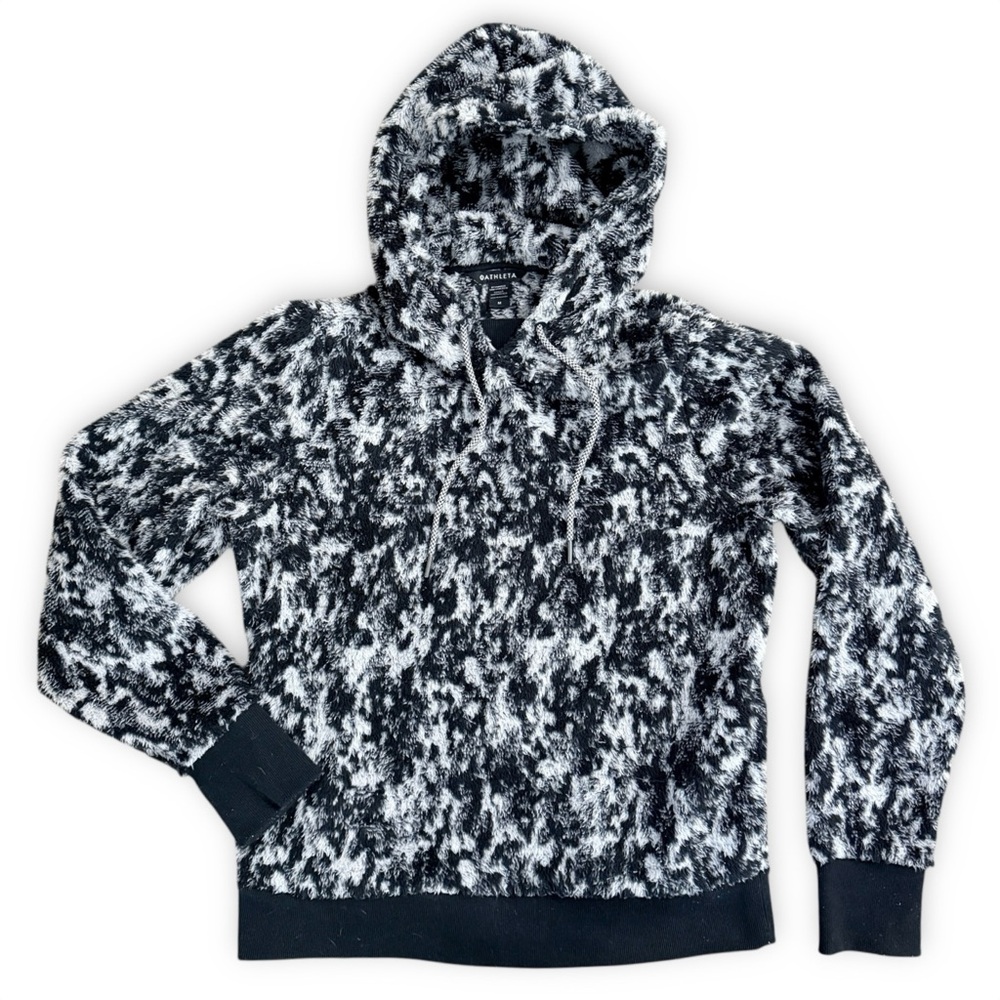Athleta Sherpa Jacquard Hoodie Womens Medium Black Gray Plush Cozy Pullover